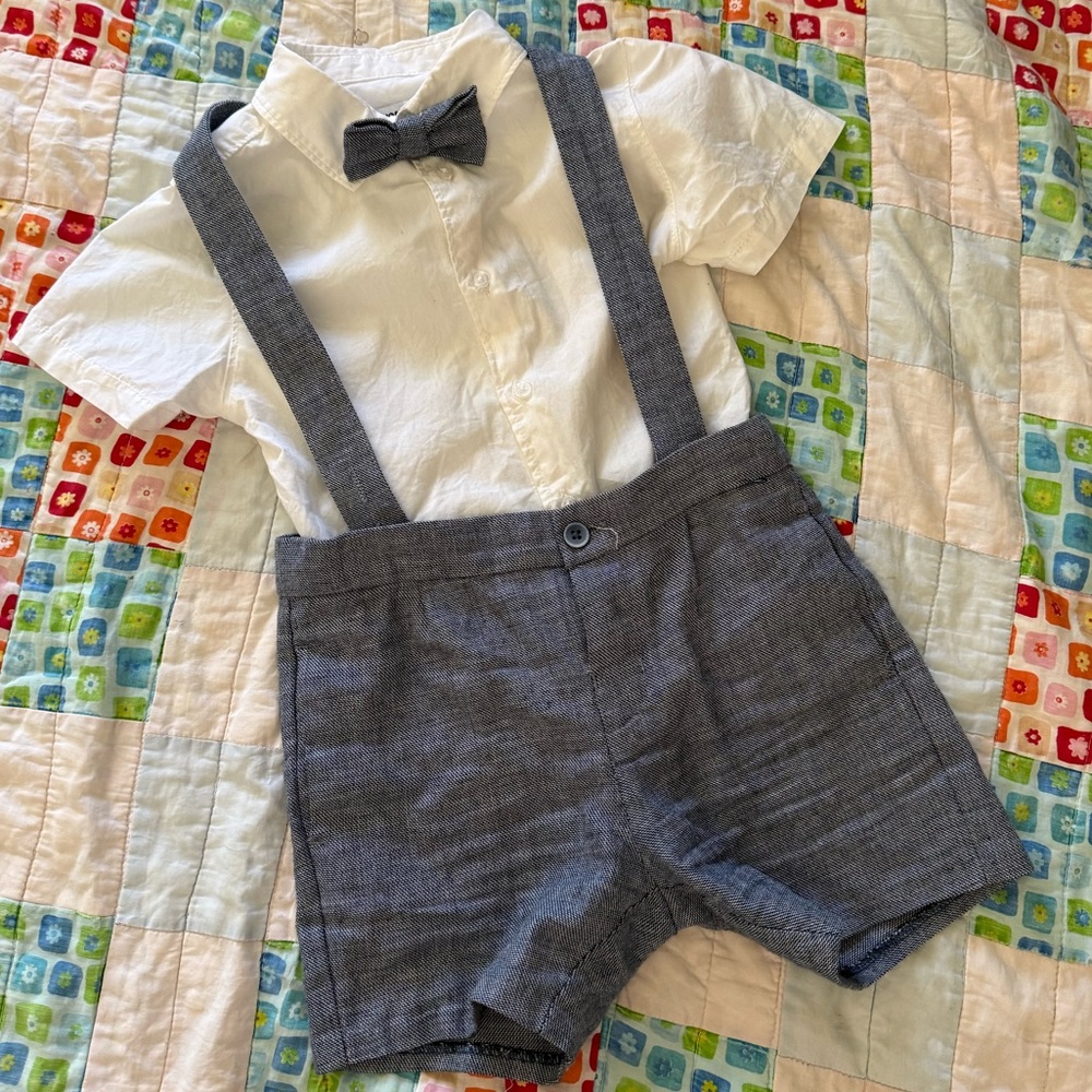 Mayoral Boys Chambray Suspender Shorts with Bow Tie and White Shirt